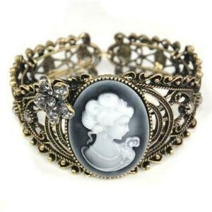 Victorian Steampunk Antiqued Brass Cameo Filigree Cuff Bracelet